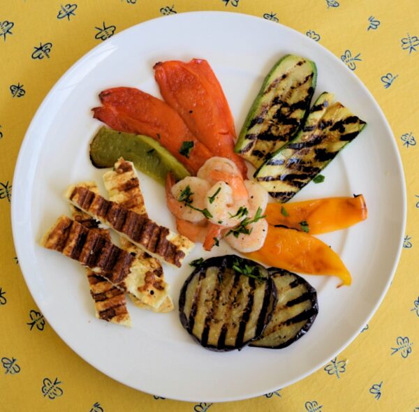 Chargrilled Halloumi with Shrimps and Vegetables Recipe