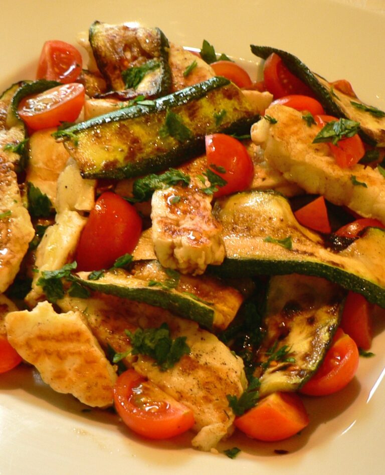 Grilled Zucchini Tomato and Halloumi Salad Flexitarian Kitchen