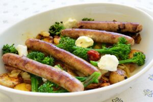 Pork Sausages with Roasted Potatoes and Broccolini Recipe