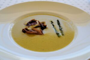 Roasted Asparagus Soup with Prosciutto Shards