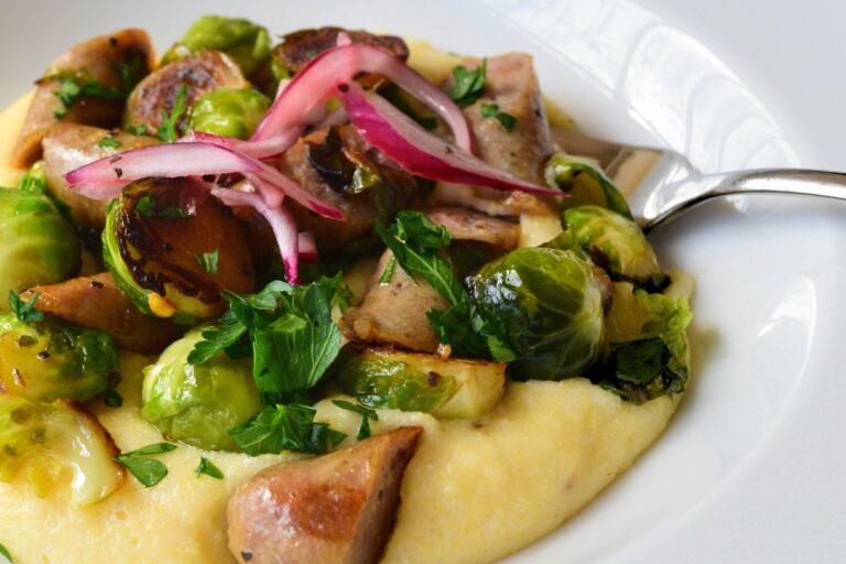 Roasted Brussels Sprouts with Spicy Sausage and Pickled Red Onion Recipe