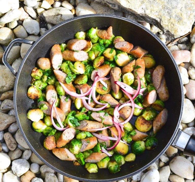 Roasted Brussels Sprouts with Spicy Sausage and Pickled Red Onion