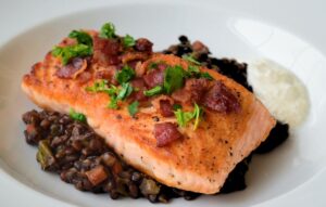 Salmon with Lentils, Bacon and Horseradish Sauce Recipe
