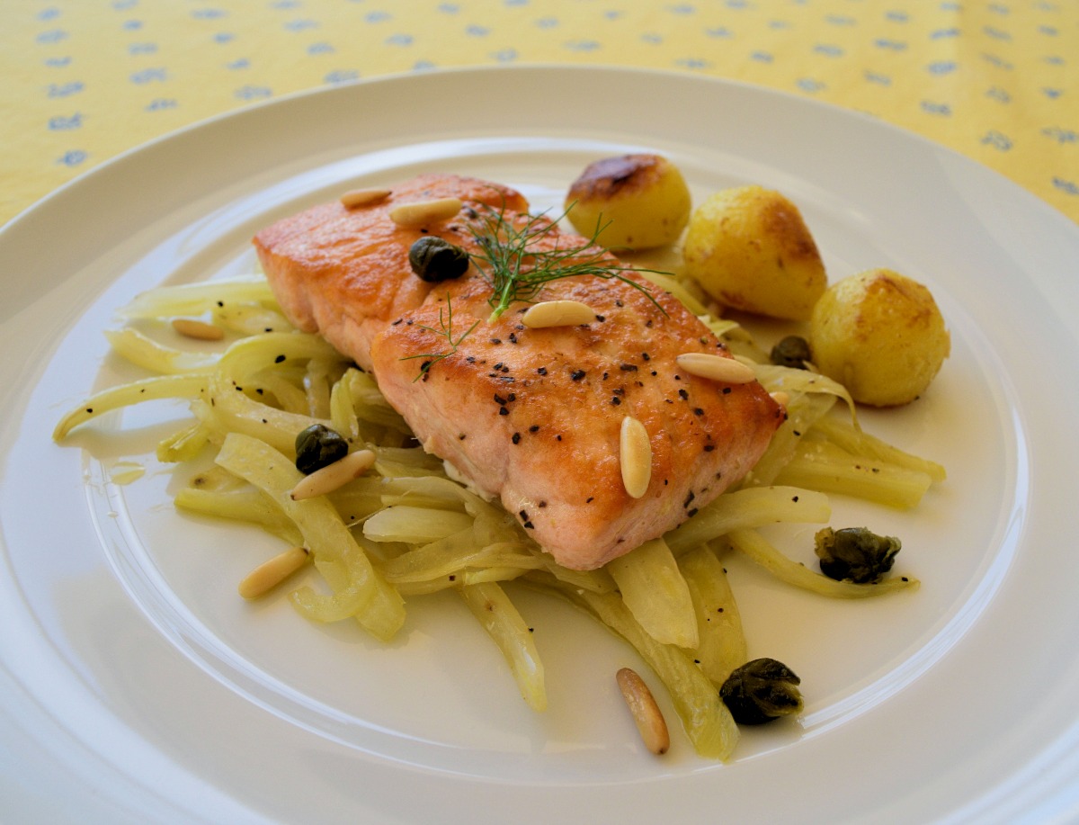 Slow Roasted Salmon with Fennel Capers and Pine Nuts Recipe
