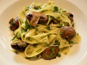 Tagliatelle with Roasted Mushrooms and Chive Pesto Recipe