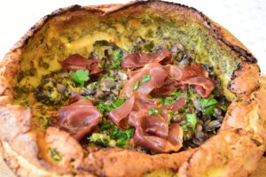 Savory Dutch Baby with Mushrooms, Leeks and Prosciutto Crisps Recipe