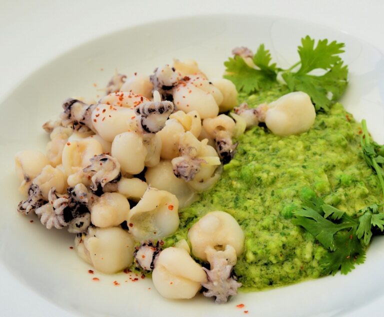 Squid with Pea Avocado Purée Recipe