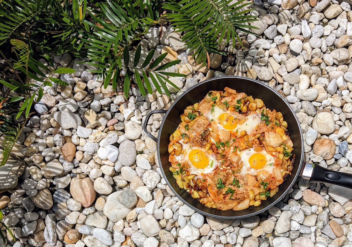 Potato, Kimchi and Eggs Medley