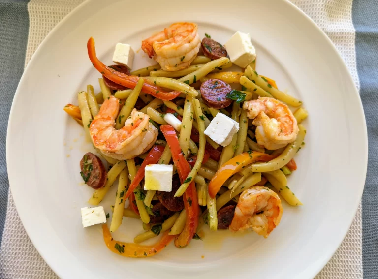 Wax Bean Salad with Shrimps and Chorizos