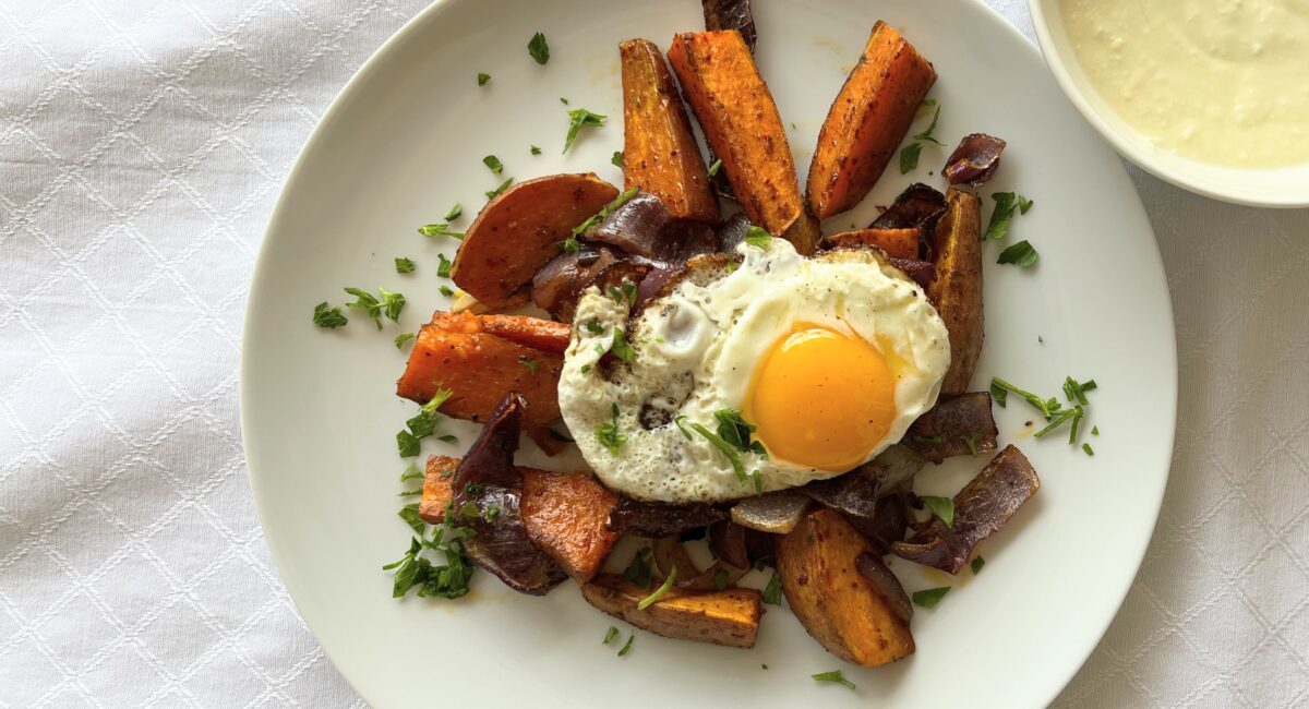 Harissa-roasted Sweet Potatoes with Feta Dressing