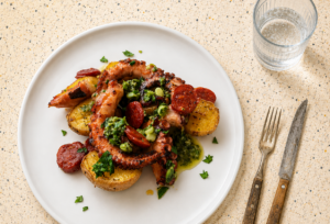 Pan-grilled Octopus with Chorizo and Mojo Verde
