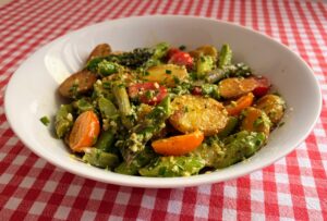 Pan-Roasted Potatoes with Asparagus in Parsley Pesto Sauce