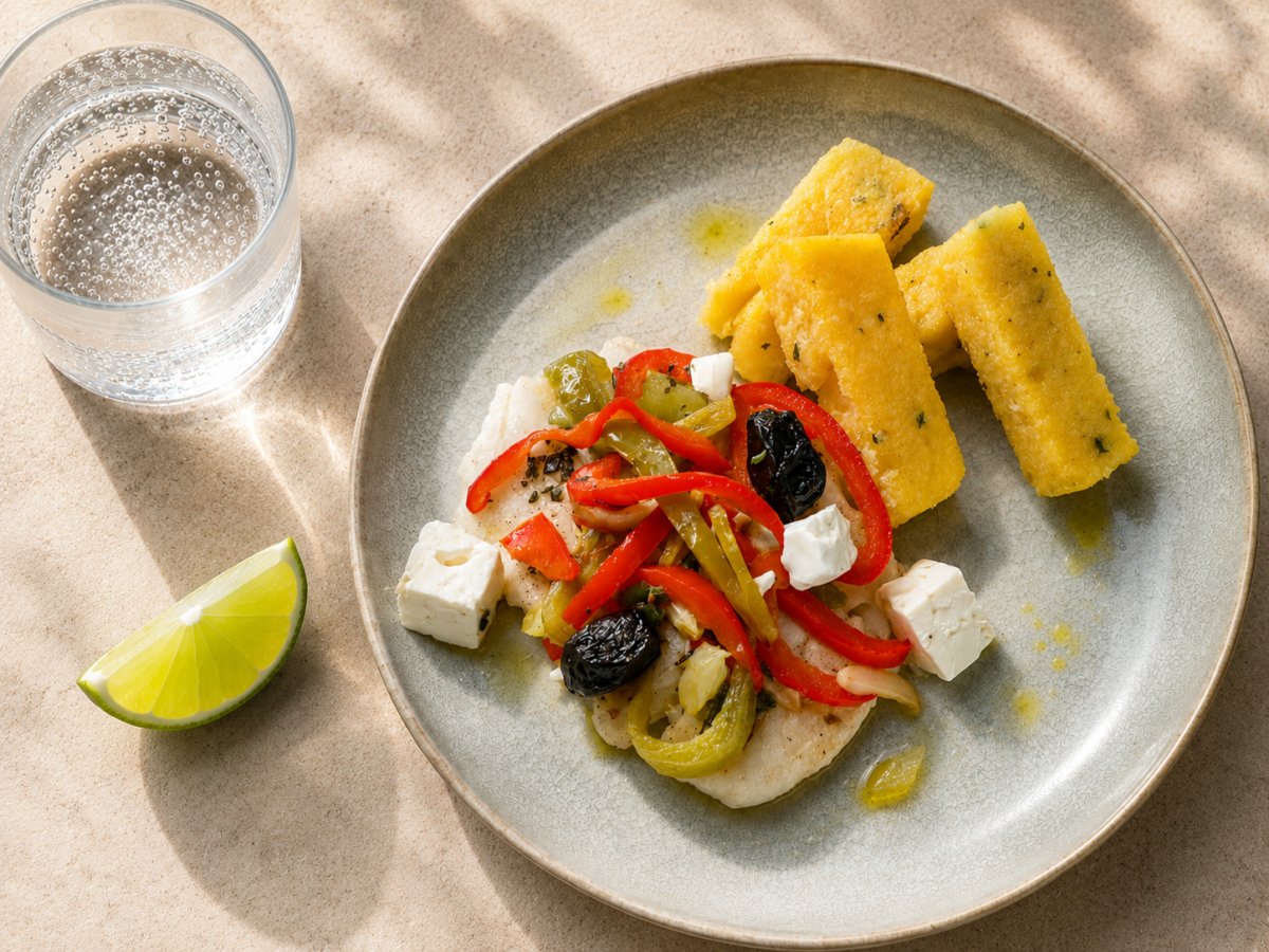 Baked Codfish with Feta Cheese and Peppers