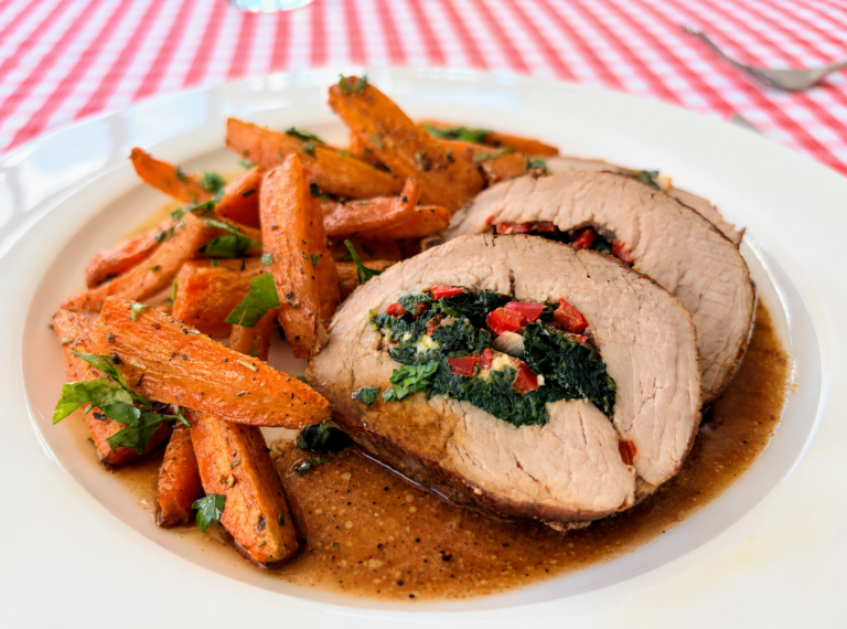Pork Tenderloin stuffed with Spinach, Feta and Red Pepper