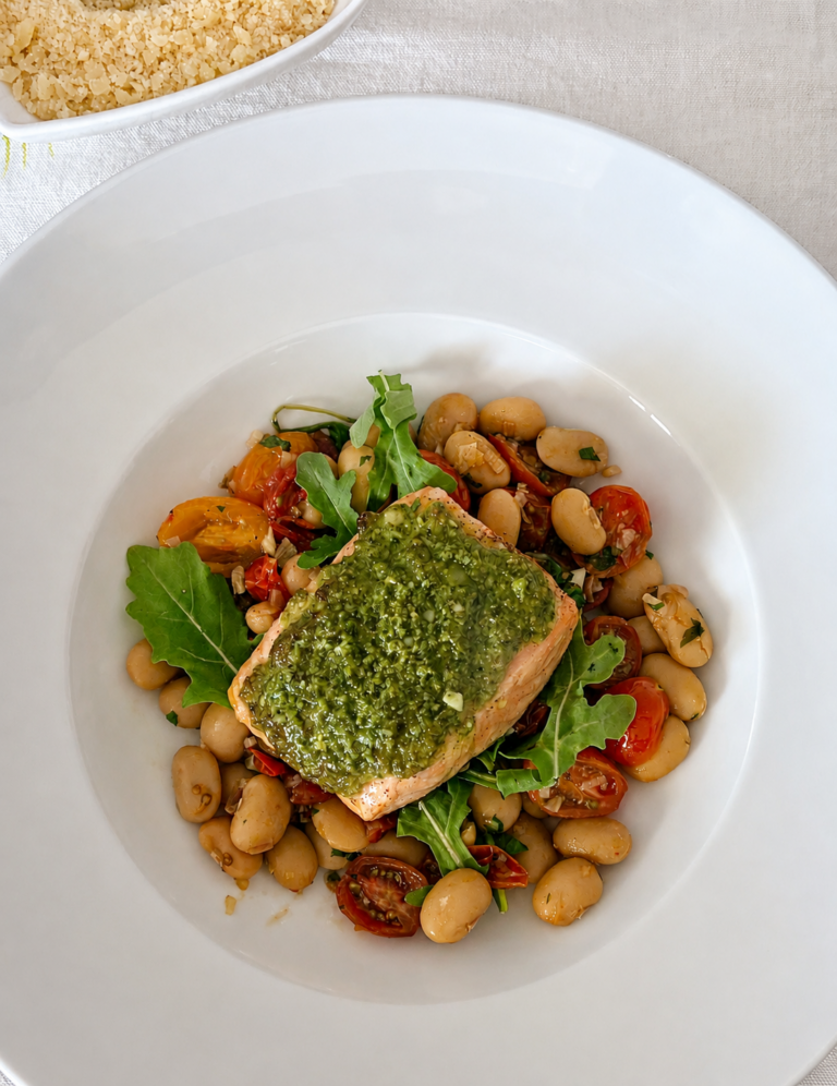 Roasted Salmon with Basil Pesto, Butter Beans and Cherry Tomatoes