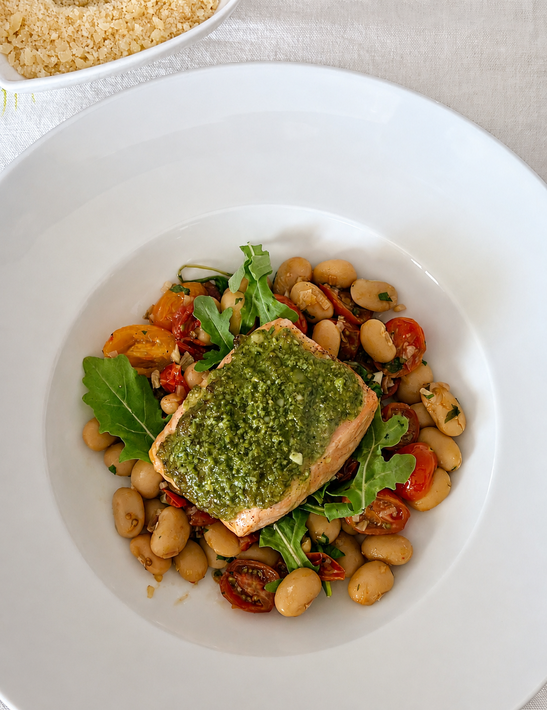 Roasted Salmon with Basil Pesto, Butter Beans and Cherry Tomatoes